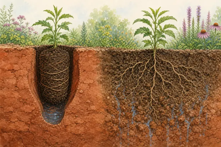 Soil cutaway comparing a water-trapping amended planting hole with roots spreading through loosened clay