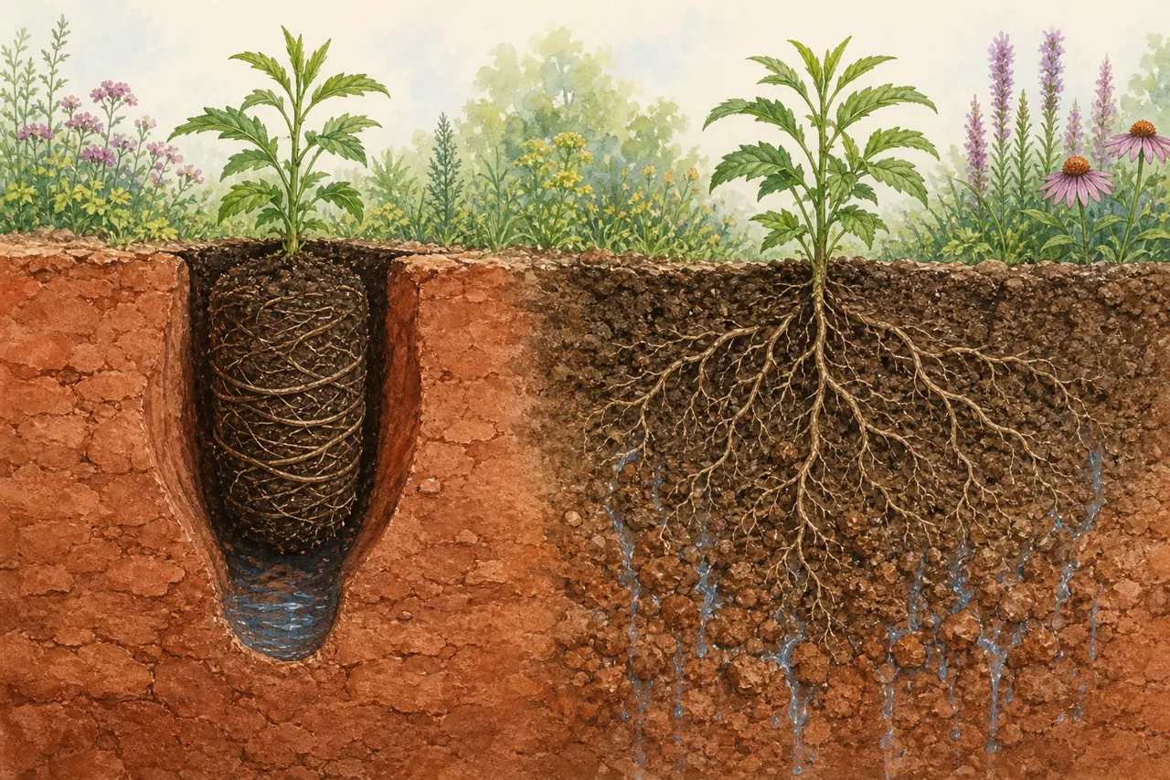 Soil cutaway comparing a water-trapping amended planting hole with roots spreading through loosened clay