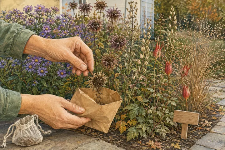 Illustrated hands collecting a small sample from a ripe native seedhead into a paper envelope while most seedheads remain standing