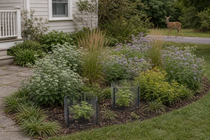 Illustrated small Mid-Atlantic native garden with repeated grasses and flowers, two tidy wire plant guards, and a white-tailed deer beyond the bed