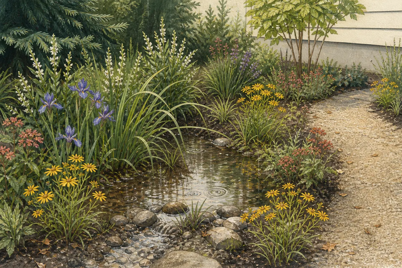 Illustrated Delaware rain garden with a shallow draining basin and dry path edge
