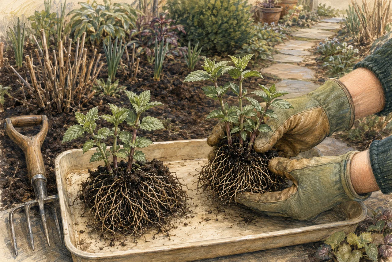 Illustrated early-spring perennial divisions with short leafy shoots and attached roots beside a prepared small garden bed