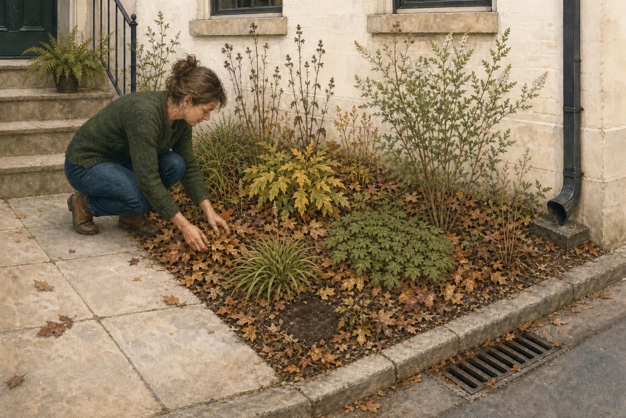 Illustrated small Mid-Atlantic native garden with whole fall leaves moved into a planted bed while the walkway and drain stay clear