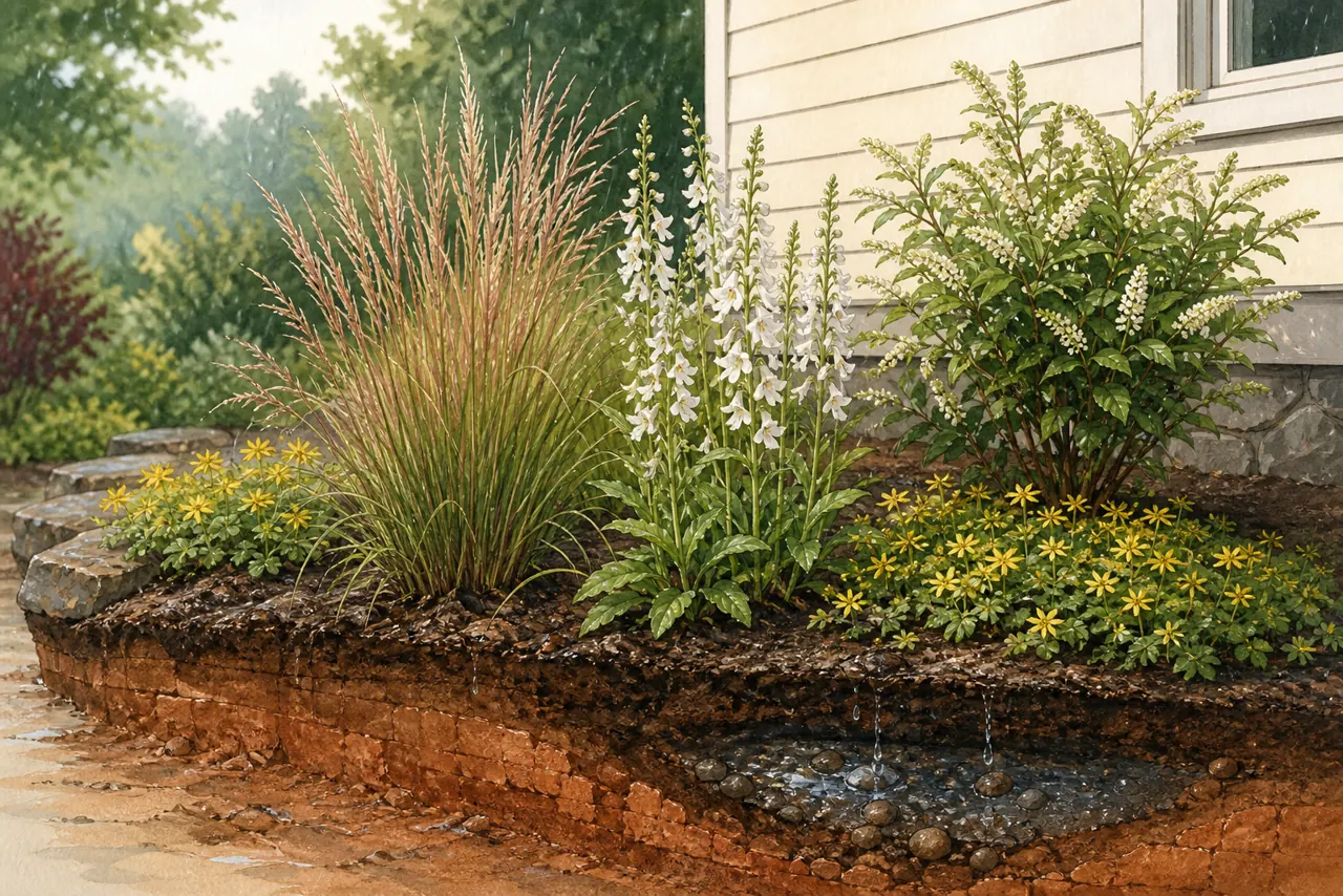 Illustrated Maryland native garden showing a drier upper clay bed and a moisture-holding lower pocket