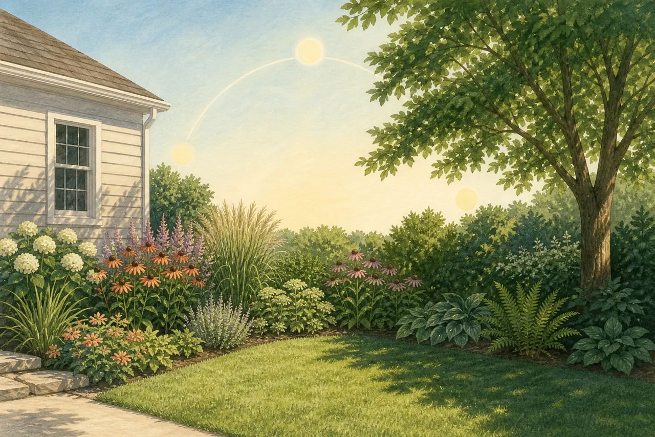 Illustrated garden showing changing sun positions and distinct full-sun, part-shade, and shade zones