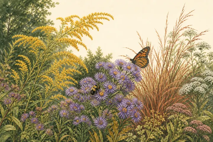 Illustrated early fall native garden with asters, goldenrod, little bluestem, a bee, and a monarch