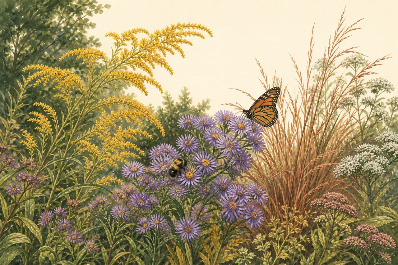 Illustrated early fall native garden with asters, goldenrod, little bluestem, a bee, and a monarch