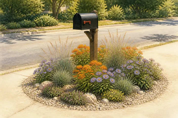 Illustrated low native pollinator garden arranged around a curbside mailbox