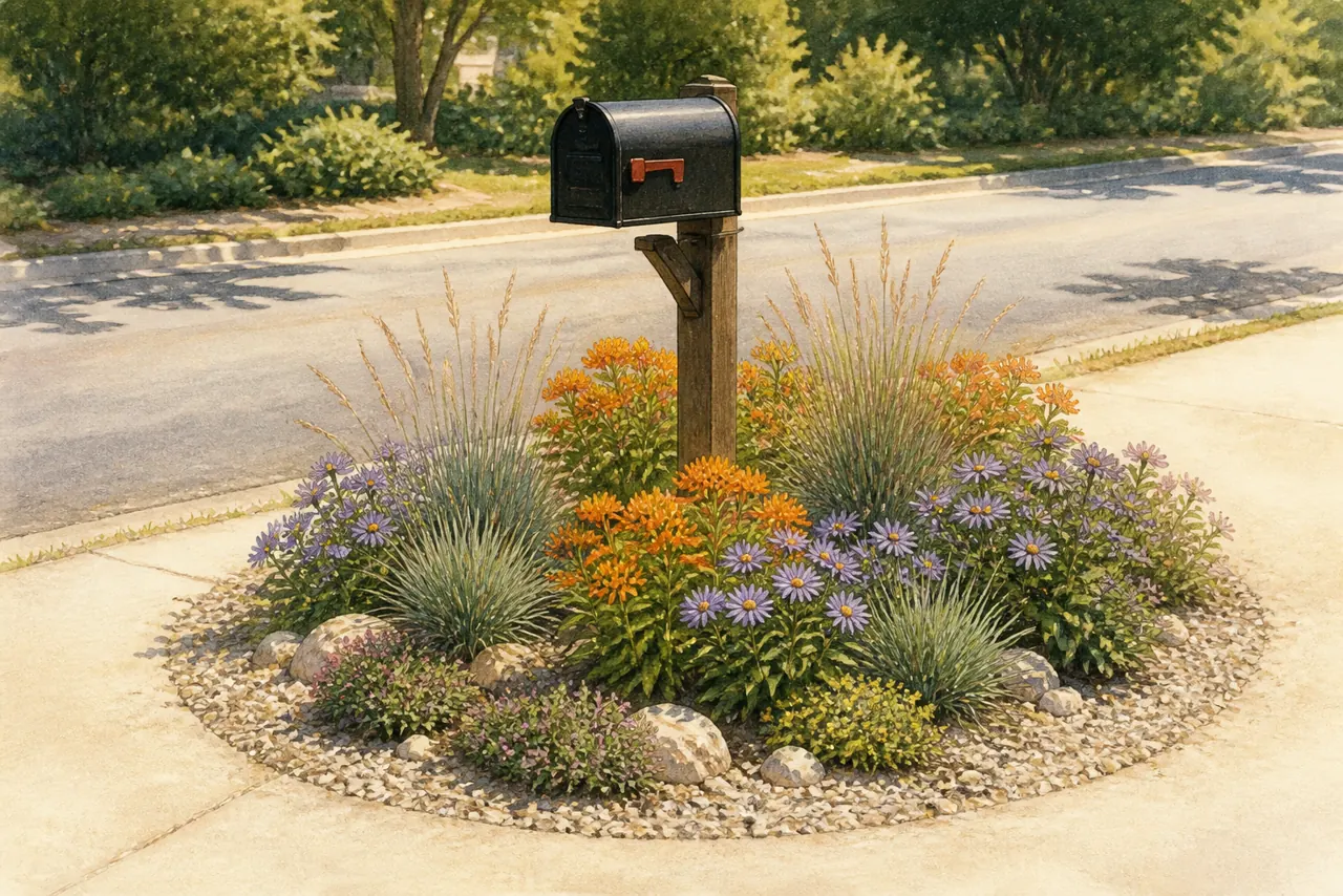 Illustrated low native pollinator garden arranged around a curbside mailbox