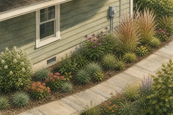 Illustrated narrow foundation bed keeping plants clear of siding, vents, utilities, and the path