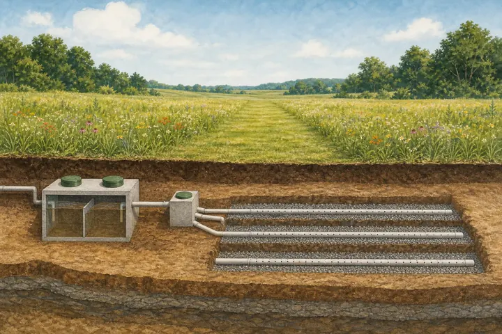 Cutaway illustration of a septic tank, distribution box, drainfield trenches, and low meadow cover