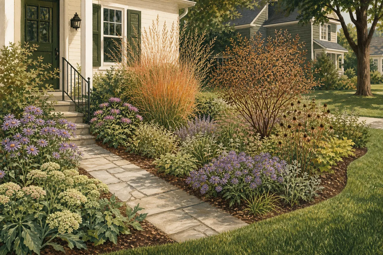 Illustrated tidy Mid-Atlantic native front yard with clear edges and repeated plant groups