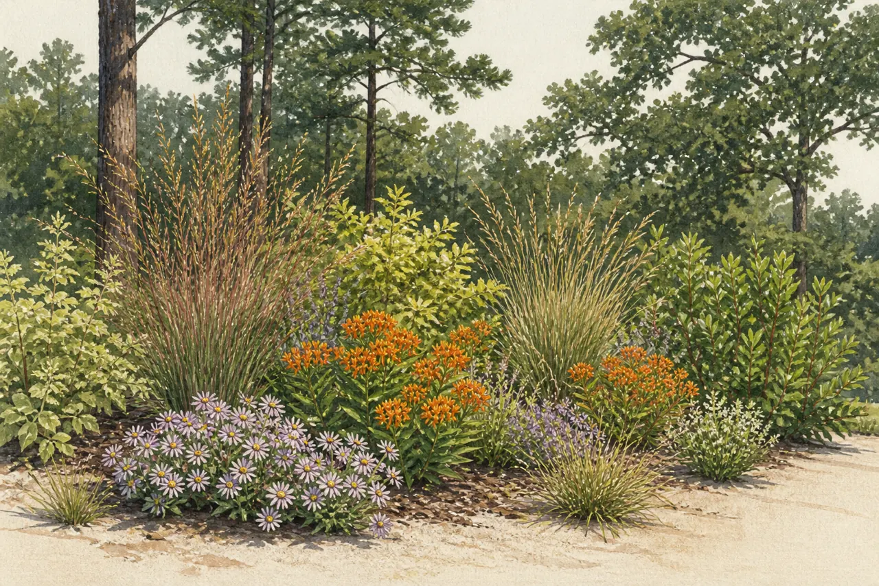 Illustrated New Jersey Coastal Plain native garden growing in pale sandy soil