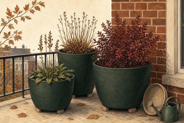 Illustrated Mid-Atlantic balcony with three native perennial planters raised on pot feet beside a sheltered brick wall in late autumn