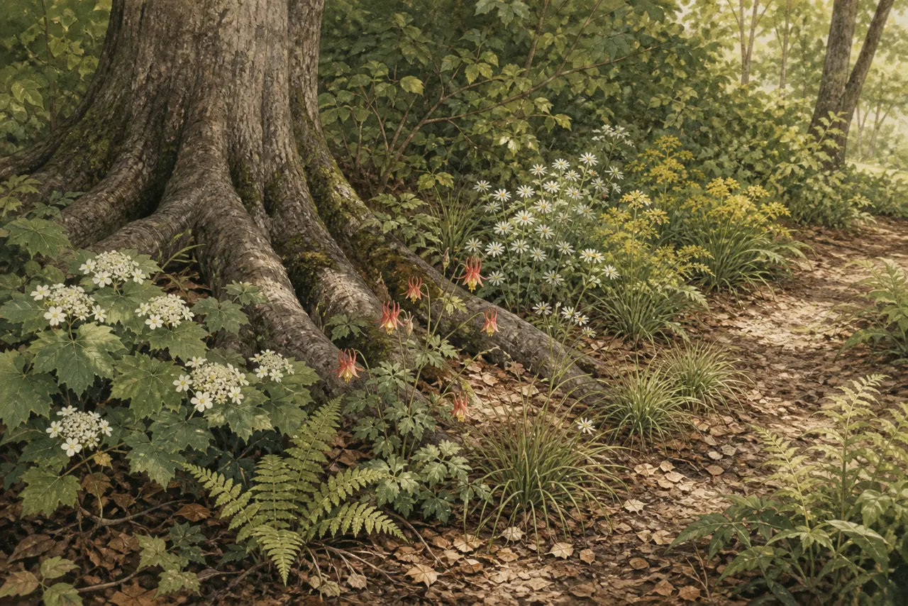 Illustrated Pennsylvania dry-shade garden planted between mature tree roots