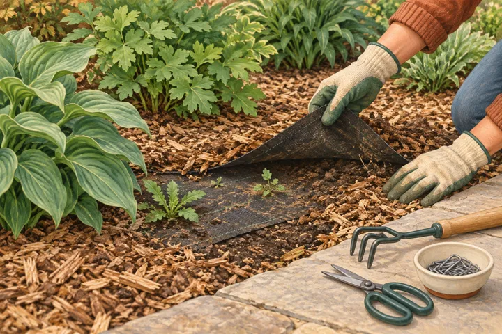 Illustrated gloved hands lifting a loose edge of landscape fabric beside undisturbed garden plants, with removed mulch and anchors kept separate