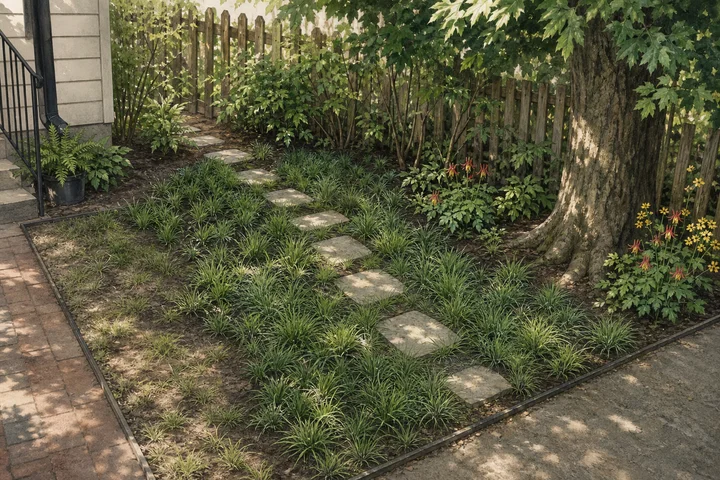 Illustrated 10 by 10 foot shady Mid-Atlantic yard converting thin turf to Pennsylvania sedge around a stepping-stone path