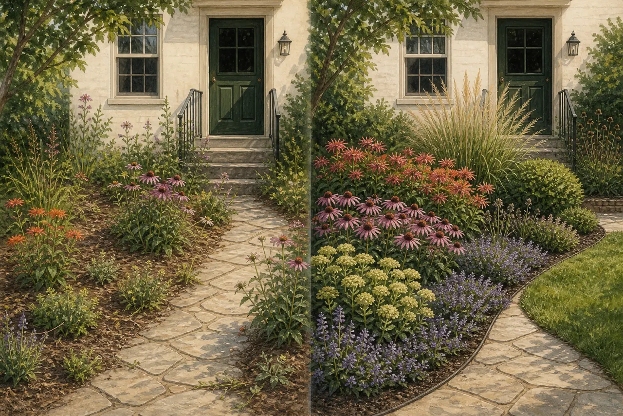 Before-and-after illustration comparing scattered plants with a tidy repeated native garden design