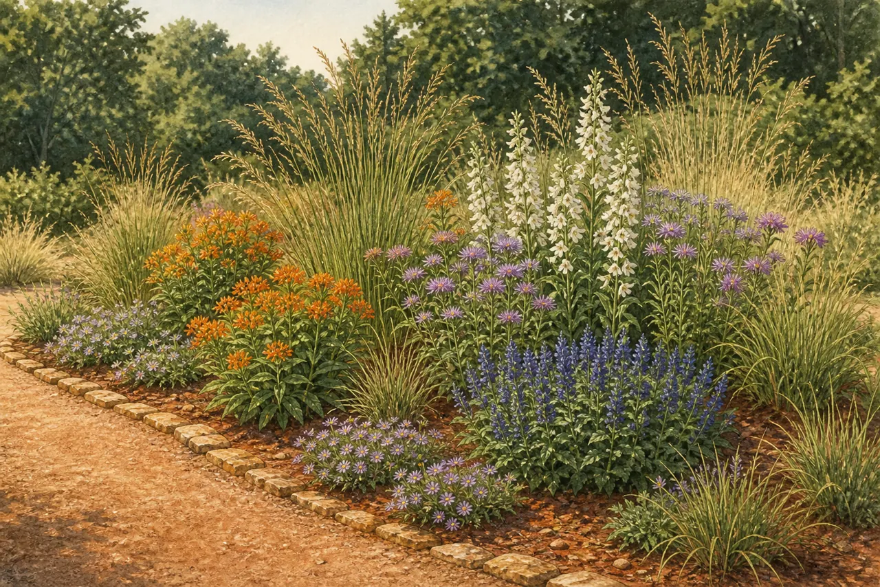 Illustrated small Virginia Piedmont sun garden with repeated native grasses and flowers