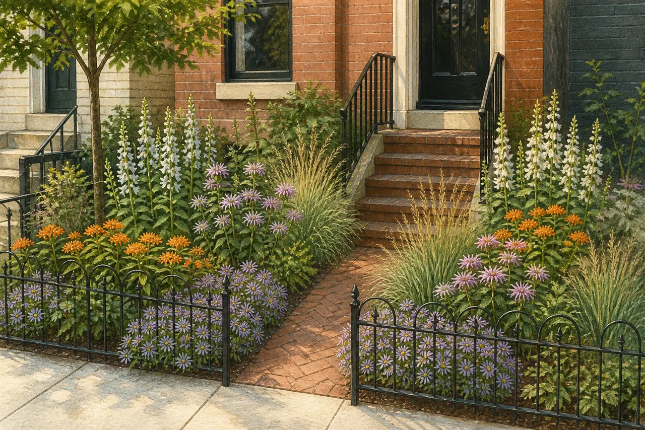 Illustrated Washington DC rowhouse garden with a narrow native pollinator planting