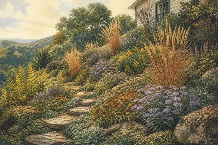 Illustrated West Virginia slope planted in contours with native grasses and flowers