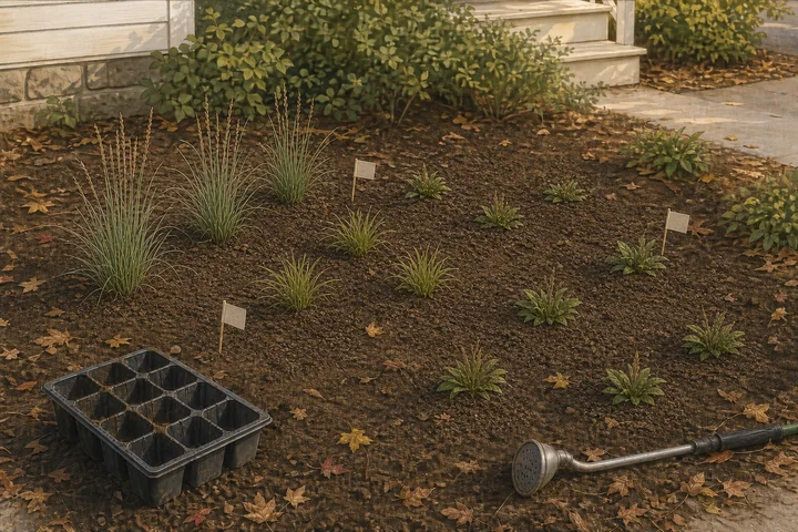Illustrated small autumn planting bed with young perennials, marker flags, an empty tray and a watering wand